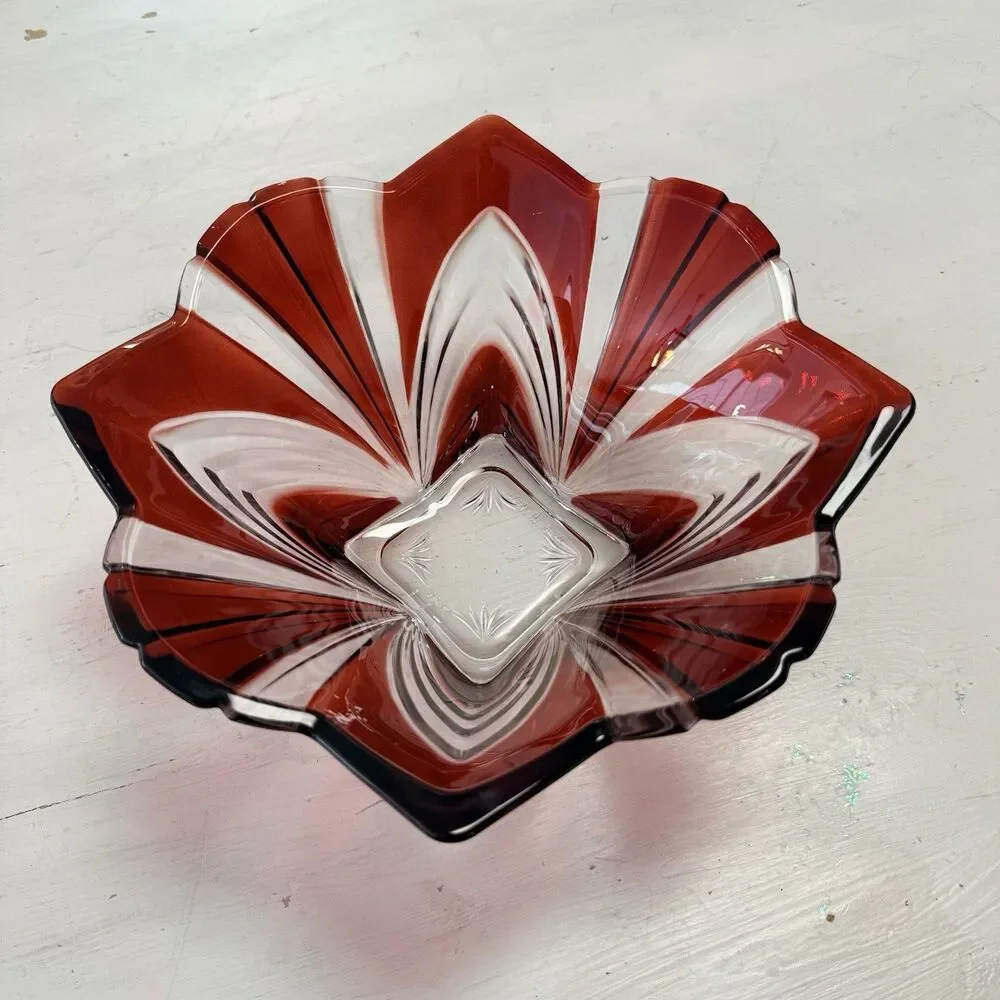 Fifth Avenue Ruby Red Crystal Large Serving Bowl SOGA Japan Cut to Clear Square